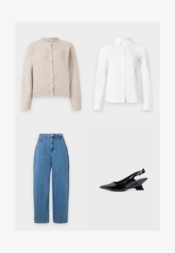 Cárdigan de punto beige con cuello redondo, mangas largas, cierre delantero de botones y puños y dobladillo acanalados. Tejido suave y texturizado.; Camisa blanca de manga larga con botones, cuello puntiagudo, bajo recto y silueta ajustada, presentada sobre un fondo claro y liso.; Pantalones de mezclilla de color azul claro con un ajuste de pierna recta, cintura alta y cierre frontal con botón. Cuenta con cinco bolsillos y detalles de costura mínimos.; Zapato slingback de cuero charol negro con puntera puntiaguda y tacón bajo en bloque inclinado sobre fondo claro liso.