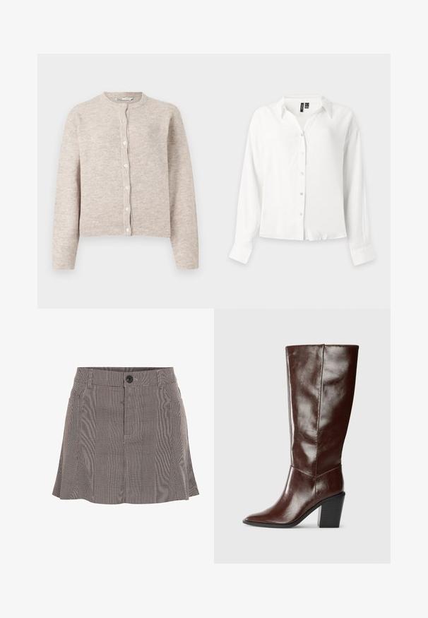 Beige gebreide cardigan met een ronde hals, lange mouwen, knoopsluiting voor en geribbelde manchetten en onderkant. Zacht, gestructureerd stof.; Wit overhemd met lange mouwen, knopen, kraag en manchetten, getoond op een lichtgrijze achtergrond.; Geruite rok in zwart en wit, gemaakt van lichte stof, met een tailleband met een knoop en een geplooid ontwerp voor extra detail.; Hoge donkerbruine leren laars met een spitse neus en een gestapelde blokhak, vanuit de zijkant weergegeven op een effen achtergrond.