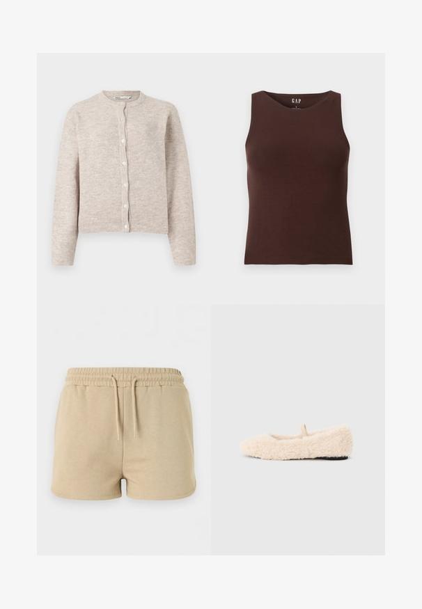 Beige strikket cardigan med rund hals, lange ærmer, knaplukning foran og ribbede mansjetter og kant. Blødt, tekstureret stof.; Ærmeløs brun bomuldstop med rund hals, mærket small størrelse fra GAP, vist på ensfarvet hvid baggrund.; Beige bomuldsshorts med elastisk taljebånd og snor foran, designet til afslappet brug.; Luftig, cremefarvet hjemmesko med en blød tekstur, rund tå, minimalistisk design og en lille stofsløjfe på bagsiden for nem påtagning.
