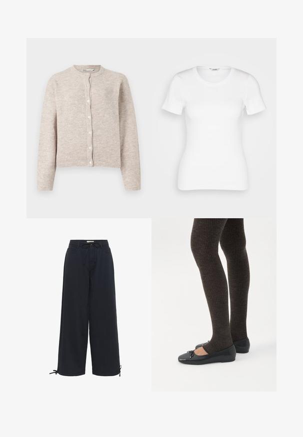 Beige strikket cardigan med rund hals, lange ærmer, knaplukning foran og ribbede mansjetter og kant. Blødt, tekstureret stof.; Hvid bomulds T-shirt med korte ærmer, rund halsudskæring og ribbet tekstur. Tætsiddende design med en glat, ren finish.; Sorte vide bukser lavet af blødt stof, med snor i taljen og justerbare bindebånd ved anklerne for en tilpasselig pasform.; Ben iført mørke ribbede leggings kombineret med sorte balletsko med små sløjfedetaljer på hvid baggrund.