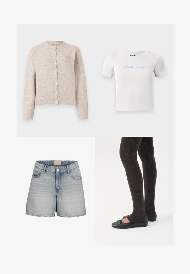 Beige strikket cardigan med rund hals, lange ærmer, knaplukning foran og ribbede mansjetter og kant. Blødt, tekstureret stof.; Hvid bomulds t-shirt med korte ærmer, med et lyseblåt "Santa Cruz" skriftlogo og hjertegrafik i midten.; Lysblå denimshorts med høj talje, der har knaplukning, fem lommer og subtilt slid for et struktureret look.; Ben iført mørke ribbede leggings kombineret med sorte balletsko med små sløjfedetaljer på hvid baggrund.