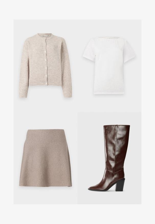 Beige strikket cardigan med rund hals, lange ærmer, knaplukning foran og ribbede mansjetter og kant. Blødt, tekstureret stof.; Hvid t-shirt med korte ærmer og rund halsudskæring med en række dekorative perler langs kraven.; En beige, flagrende nederdel lavet af blødt stof med en glat tekstur og en ren kant. Enkel design uden synlige mønstre eller udsmykninger.; Høj, mørkebrun læderstøvle med spids tå og stablet blokhæl, vist fra siden på en ensfarvet baggrund.