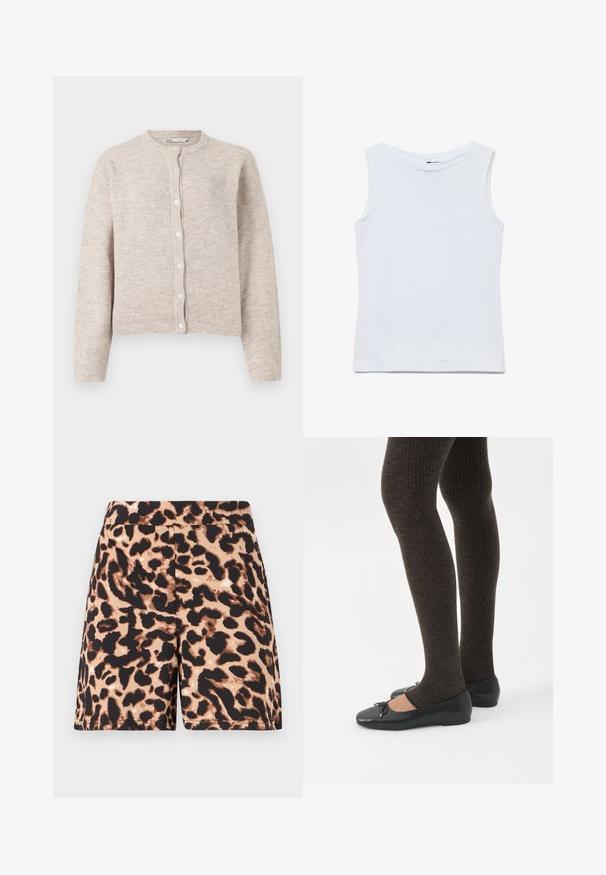 Beige gebreide cardigan met een ronde hals, lange mouwen, knoopsluiting voor en geribbelde manchetten en onderkant. Zacht, gestructureerd stof.; Mouwloze witte katoenen top met een brede ronde hals en rechte zoom, plat uitgestald op een witte achtergrond.; Luipaardprint shorts in bruin en zwart met een gladde textuur en elastische tailleband. Halverwege de dij, met een doorlopend ontwerp patroon.; Benen met donkere geribbelde leggings gecombineerd met zwarte ballerina's met kleine strikdetails op een witte achtergrond.