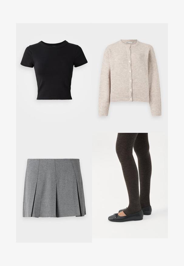 Cárdigan de punto beige con cuello redondo, mangas largas, cierre delantero de botones y puños y dobladillo acanalados. Tejido suave y texturizado.; Camiseta corta negra hecha de algodón sólido, con mangas cortas y un cuello redondo, de diseño suave y sencillo.; Falda mini plisada gris fabricada en tejido texturizado, con un patrón de cuadros y un corte recto que presenta detalles de abertura lateral.; Piernas con leggings oscuros acanalados combinados con bailarinas negras que presentan pequeños detalles de lazo sobre un fondo blanco.