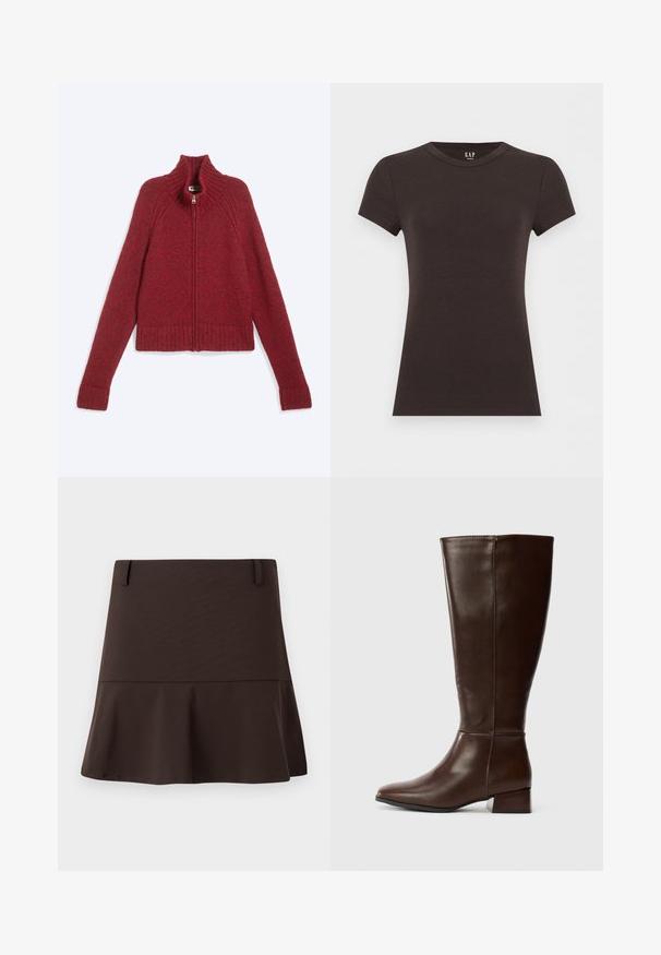 Pull en maille rouge à fermeture éclair, manches longues et col côtelé haut, étalé à plat sur un fond blanc.; T-shirt noir à manches courtes, ajusté, à col rond, avec logo GAP à l'intérieur du col, sur un fond clair.; Mini-jupe évasée marron en tissu lisse, avec une taille ajustée et des détails de couture subtils. Design simple sans motifs.; Botte en cuir brun foncé, haute, avec un petit talon bloc et une finition lisse, vue de profil sur fond blanc.