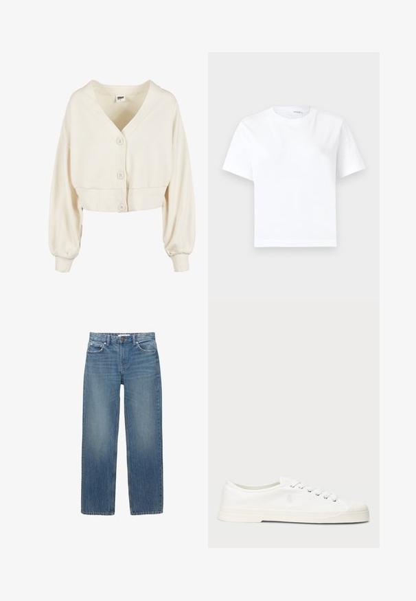 Kraftigt cropped cardigan i blød stof. Har V-udskæring, tre frontknapper og ballonærmer med ribbede manchetter.; Hvid kortærmet bomuld t-shirt med rund halsudskæring og lige kant, vist på en hvid baggrund.; Lysblå denimjeans med lige snit, fem lommer og hardware i kobberfarve. Stoffet har en let falmning og en glat tekstur.; Hvide lærredssneakers med rund tå, snørelukning og diskret logo-detalje. Har en tekstureret overflade og gummisål.