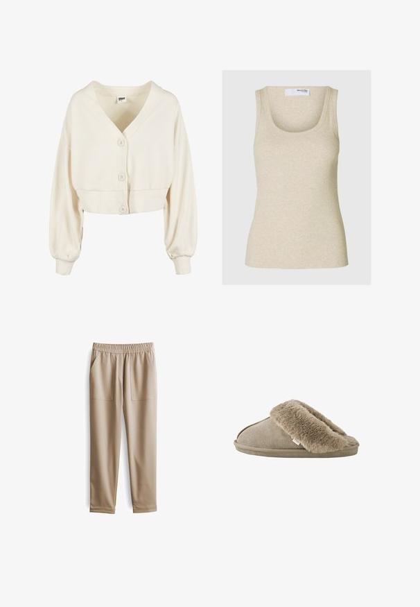 Ingekorte crèmekleurige cardigan van zachte stof. Heeft een V-hals, drie knopen aan de voorkant en ballonmouwen met geribbelde manchetten.; Beige geribbelde tanktop met een ronde hals en brede schouderbanden. Gemaakt van zachte stof en heeft een getailleerd silhouet.; Beige elastische broeken met een tailleband, twee voorzakken, taps toelopende pijpen en een gladde textuur, geschikt voor casual kleding.; Beige instapslof met zachte, pluche bontvoering rond de opening en een suède-achtige buitenzool.