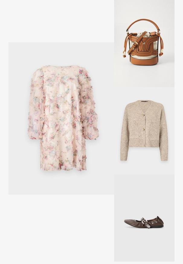 Vero Moda Knitted VMINGRID Knit - Kardigan - beige; Kerge ja õhuline lillemuster, millel on volangvarrukad. Omab pastelset värvipaletti, kus on roosa, sinine ja roheline lillemuster.; Pruun patenteeritud nahast lamedad kingad terava nina, elastse kaare detaili ja hõbedase kinnituse aktsendiga küljel. Must kummist tall.; ALDO ANNABRIRIEL - Käekott - natural