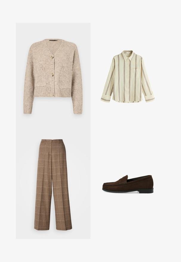 Vero Moda Knitted VMINGRID Knit - Vest - beige; Lange mouwen overhemd met knopen, verticale beige en bruine strepen, puntkraag, voorzak en manchetten aan de mouwen.; Bruine geruite wijde broek met een gestructureerde afwerking, met een hoge taille en twee achterzakken, ontworpen voor een losse pasvorm.; Bruine suède instapschoenen met een gestikt moccasin-neus, platte zwarte rubberen zool en een decoratieve bovenband en detail.