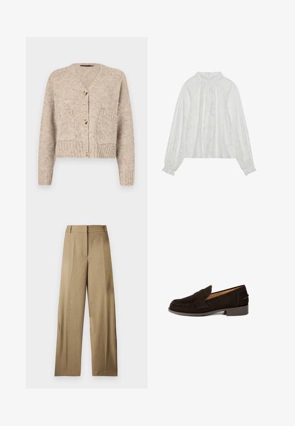 Vero Moda Knitted VMINGRID Knit - Ζακέτα - beige; Λευκό μπλουζάκι με μακριά μανίκια, που διαθέτει υφή με λουλούδια, στα gathered λαιμόκοψη και ελαστικούς καρπούς. Μαλακό, ελαφρύ ύφασμα.; Μπεζ παντελόνι με φαρδιά μπατζάκια, θηλιές για ζώνη, πιέτα στο μπροστινό μέρος και διακριτικές λεπτομέρειες στη ραφή του πλαινού, εμφανισμένο από μπροστά σε απλό φόντο.; Καφέ σουέτ μοκασίνια με στρογγυλή μύτη, διακοσμητική ταινία penny, ραμμένες λεπτομέρειες και χαμηλό, υφασμένο, καουτσούκ τακούνι.