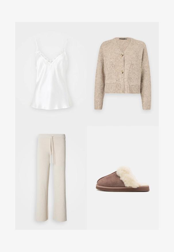 Vero Moda Knitted VMINGRID Knit - Kardigan - beige; Valge satiinist kampsun, millel on pitsist ääris V-kaeluse ümber ja reguleeritavad õhukesed rihmad. Pehme tekstuur, voogav alumine äär.; Beeg värviga laiad püksid, mis on valmistatud pehmest kangast, elastse kummiga vöökohaga ja külglibisemistega allääres.; Pruunist seemisnahast suss, millel on koheva kreemja kunstkarvamaterjaliga vooder, avatud kanna disain ja lame kummitald, mis näitab pehmet tekstuuri ja hubast välimust.