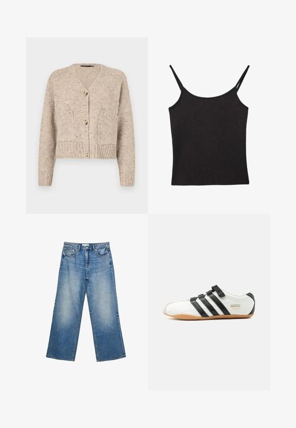 Vero Moda Knitted VMINGRID Knit - Neuletakki - beige; Musta ribbineuloksinen toppi ohuilla kaksikerroksisilla olkaimilla ja suoralla kaula-aukolla, asetettuna tasaisesti valkoiselle taustalle.; Vaaleansiniset väljät farkut, joissa on kevyt pesu, viisi taskua, napitus ja näkyvät saumurisiomerkinnät.; Valkoinen Adidas Tokyo -lenkkari mustilla raidoilla, mustilla tarranauhoilla ja kumipohjalla, esitetty sivulta valkoisella taustalla.
