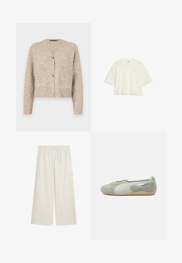 Vero Moda Knitted VMINGRID Knit - Neuletakki - beige; Vaalean kermanvärinen lyhythihainen crop-top, joka on valmistettu pehmeästä kankaasta. Se on varustettu lyhyillä ja leveillä hihoilla sekä hienovaraisella Puma-logolla edessä, joka on samanvärinen.; Beige leveled pants with an elastic waistband, side snap closures, and a small logo in front. Made from a smooth and lightweight material.; Vaaleanvihreä matalapohjainen Puma-tennari, jossa on valkoinen sivuraita, valkoinen logo kärjessä, nyöritysyksityiskohta ja beige kuvioitu kumipohja, esitetty sivuprofiilista.