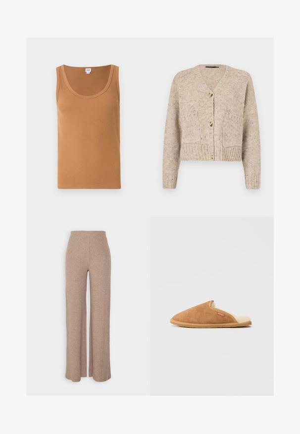 Vero Moda Knitted VMINGRID Knit - Ζακέτα - beige; Καφέ ριγέ μπλούζα χωρίς μανίκια με στρογγυλή λαιμόκοψη, που διαθέτει απαλό υλικό και χωρίς ορατά λογότυπα ή σχέδια. Καθαρή και απλή σχεδίαση.; Μπεζ ριγέ παντελόνια σε φαρδύ κόψιμο με ψηλή μέση και μαλακή υφή, διαθέτοντας άνετη εφαρμογή και χωρίς ορατούς κλειδώματα.; Καφετί σουέτ παντόφλα με μαλακή, κρεμωτή επένδυση από φλις και καφέ καουτσούκ σόλα. Διαθέτει στρογγυλή μύτη και σχέδιο με κοπή στο πλάι.