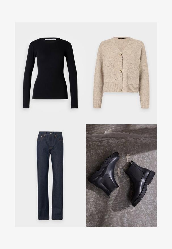 Vero Moda Knitted VMINGRID Knit - Chaqueta de punto - beige; Top negro de manga larga hecho de tela acanalada. Presenta un escote redondo y un corte ajustado. Sin patrones ni adornos. Diseño simple.; Vaqueros de mezclilla azul oscuro con un diseño de pierna recta, que presentan costuras naranjas, cinco bolsillos y un cierre de botón en la cintura.; Botines negros con suela gruesa, paneles elásticos y un acabado de cuero liso. Suela acanalada notable y silueta elegante.