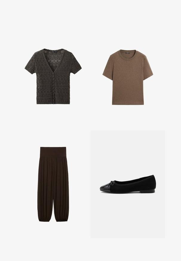 Sort kortærmet strikket cardigan med geometrisk blondemønster og stofbetrukne knapper foran, V-hals krave.; Brun T-shirt med korte ærmer og rund hals i blødt stof, vist fladt uden synlige mønstre eller logoer.; Brune plisserede bukser med en bred, elastisk talje. Stoffet er let og tekstureret med indsamlede sømme ved benens afslutninger.; Sort balletsko med laklæder tåhætte, lille sløjfedetalje og lav hæl på hvid baggrund.
