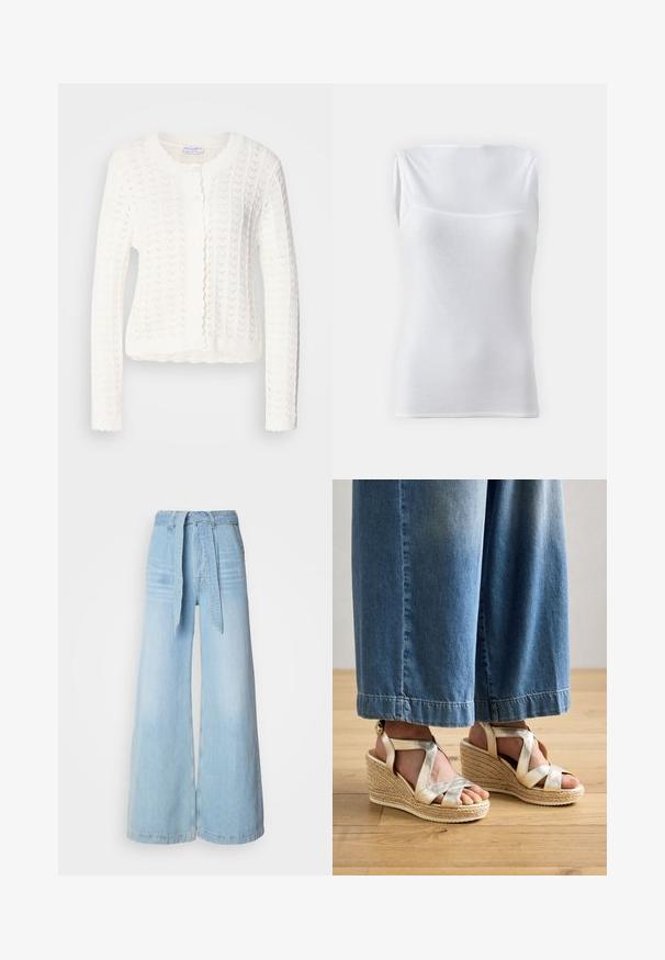 Cardigan en tricot blanc avec un motif texturé, encolure ronde et bords festonnés. Comprend cinq boutons sur le devant.; Haut sans manches blanc en tissu côtelé, doté d'un col ras du cou et d'une coupe ajustée. Texture lisse sans fermetures apparentes.; Jean large bleu clair à taille haute, avec une ceinture à nouer, des poches latérales et une texture en denim légèrement délavée.; Sandales compensées dorées à lanières avec une base en jute tissée. Présente des brides croisées larges et un design à bout rond. Portées avec un jean large bleu clair.