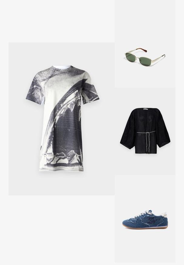 Sort kimono med åbent foran og brede ærmer, lavet af tekstureret stof. Har en indsnævret talje med et sølvfarvet, fletbundt bånd.; Grafisk t-shirt med et stort sort-hvidt billede af en haj. Lavet af åndbart stof, kortærmet og med rund halsudskæring.; Lavprofil sneaker i blå denim med frynset patchwork, hvide snørebånd, tanfarvet sål og hvid hælkappe med et lille fiskesymbol.; Metal solbriller med grønne linser, forlænget oval form og bronzefarvede accenter. Tortoiseshell-mønstrede stangspidser.