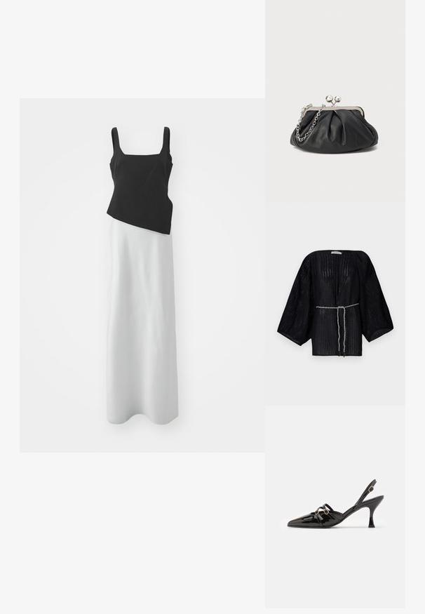Must haavaga must avatud kimono, millel on laiad varrukad ja mis on valmistatud tekstureeritud kangast. Sellel on kitsendatud vöökoht, millel on hõbedane punutud pael.; Musthave mustrõivastus on must ilma varrukateta korsett, millel on ruudukujuline dekoltee, ja pikk valge seelik, mis toob välja kontrastseid materjale ning asümmeetrilist disaini. Pehme tekstuur.; ALOHAS JOELLE ONIX - Klassikalised kontsakingad - black; Musthave musta nahast käekott, millel on volditud tekstuur, hõbedane metallraam, lukustatud sulgemismehhanism ja kett. Sile ja pehme pind.