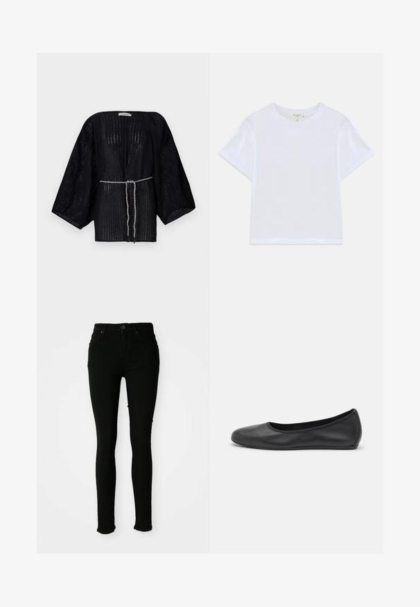 Zwarte, open-front kimono met brede mouwen, gemaakt van textuurstof. Heeft een toegestepte taille met een zilveren gevlochten strik.; Witte cropped t-shirt van zacht katoen, met een ronde hals en korte mouwen in een iets ontspannen pasvorm. Geen patronen of accenten.; Zwarte skinny jeans van denim met een gladde textuur, voorzien van een knoopsluiting, riemlussen en zonder zichtbare beschadigingen.; Zwarte leren ballerina met een ronde neus, gladde textuur, minimale stikdetails en een flexibele zoolontwerp.