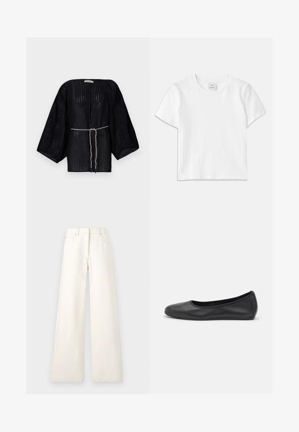 Kimono noir à l'avant ouvert avec de larges manches, fabriqué à partir d'un tissu texturé. Présente une taille cintrée avec un lien tressé argenté.; T-shirt en coton blanc avec un col rond, des manches courtes et un ourlet droit. Étiquette marquée "Won Hundred" au centre de l'encolure.; Pantalons larges de couleur crème en denim avec des coutures visibles et des poches. Le design présente une taille haute et une coupe droite.; Ballerines en cuir noir avec un bout rond, texture lisse, détails de couture minimalistes et design de semelle flexible.