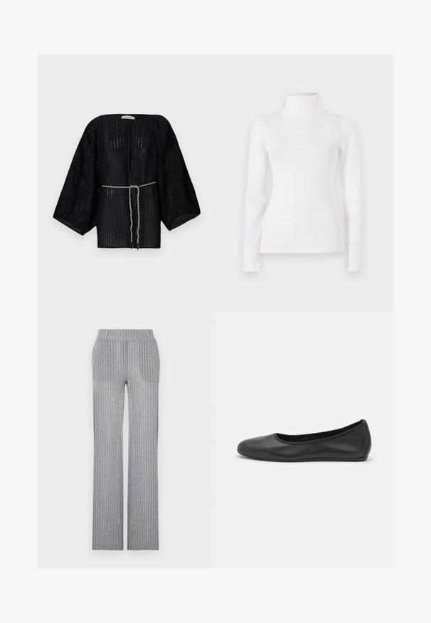 Kimono negro de frente abierto con mangas anchas, hecho de una tela texturizada. Cuenta con una cintura ceñida con un lazo trenzado plateado.; Suéter blanco de cuello vuelto, diseño ajustado, mangas largas, textura suave, tela lisa, detalles mínimos, puños y cuello acanalados.; Pantalones de punto gris con textura acanalada, cintura ajustada y pierna acampanada. Presentan un brillo sutil y rayas verticales para dar textura.; Bailarina de piel negra con punta redondeada, textura suave, detalle de costura minimalista y diseño de suela flexible.
