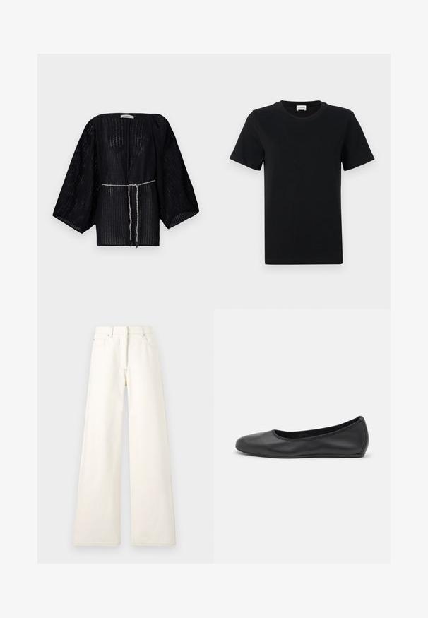 Zwarte, open-front kimono met brede mouwen, gemaakt van textuurstof. Heeft een toegestepte taille met een zilveren gevlochten strik.; Zwart katoenen t-shirt met korte mouwen en een ronde hals, met een subtiele logodetail op de onderste voorkant, en een rechte zoom.; Wijdbenige, crèmekleurige broek van denim met zichtbare stiksels en zakken. Het ontwerp heeft een hoge taille en een recht gesneden silhouet.; Zwarte leren ballerina met een ronde neus, gladde textuur, minimale stikdetails en een flexibele zoolontwerp.