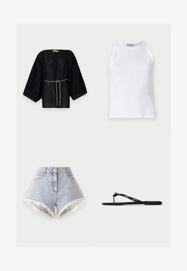 Must haavaga must avatud kimono, millel on laiad varrukad ja mis on valmistatud tekstureeritud kangast. Sellel on kitsendatud vöökoht, millel on hõbedane punutud pael.; Valge ribaga tank top, millel on ümar kaelus, ilma varrukateta disain ja väike logo ees. Sile tekstuur ja keha lähedane vorm.; Heledsinine denim lühikesed püksid, millel on hargnenud serv ja valged aktsendid, ees nööbiga sulgemine ja kaks taga taskut.; Mustad madala platvormiga varbavõru sandaal mitme õhukese rihmaga ja väikese kuldse pisarakuju dekoratsiooniga esimesel rihmal.