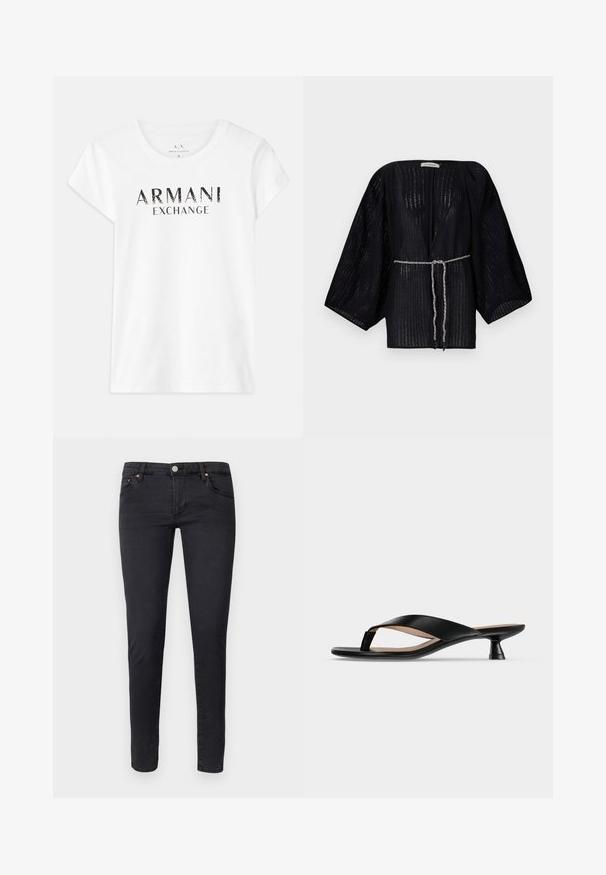 Sort kimono med åbent foran og brede ærmer, lavet af tekstureret stof. Har en indsnævret talje med et sølvfarvet, fletbundt bånd.; Hvid bomulds t-shirt med korte ærmer, prydet med det trykte logo "ARMANI EXCHANGE" i sort henover fronten. Klassisk crew neck design.; AG Jeans Jeans Skinny Fit - anthracite black; Sort læder-tå-sandal med lav lille hæl og let firkantet tå på ensfarvet lysegrå baggrund.