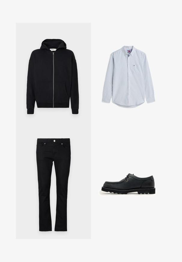 Schwarze Zip-Hoodie mit Kapuze zum Ziehen, langen Ärmeln, vorderen Taschen und gerippten Bündchen. Hergestellt aus weichem, strukturiertem Stoff.; Herren-Hemd mit langen Ärmeln, blau-weißen vertikalen Streifen, geknöpftem Kragen und aufgesetzter Tasche mit kleinem Logo.; Schwarze Denim-Jeans im slim fit Schnitt, mit geradem Bein, im Fünf-Taschen-Stil und Metallknopfverschluss, mit minimalen Steppdetails.; Schwarzer, lässiger Schnürschuh aus Leder mit dicker profilierten Sohle, zwei Metallösen und Mokassin-Ziernähte auf weißem Hintergrund.