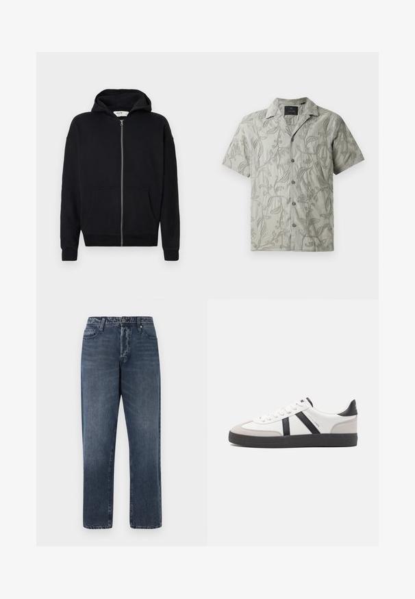 Schwarze Zip-Hoodie mit Kapuze zum Ziehen, langen Ärmeln, vorderen Taschen und gerippten Bündchen. Hergestellt aus weichem, strukturiertem Stoff.; Kurzärmliges, hellgraues Hemd mit gestickten Blumenmustern, einem Camp-Kragen und einer durchgehenden Knopfleiste mit grauen Knöpfen.; Jack & Jones Loose-fit JJIEDDIE JJORIGINAL SQ 227 - Baggy Jeans - blue denim; Weiße Sneaker mit schwarz- und grau-aczenten, ausgestattet mit einer strukturierten grauen Zehenkappe, schwarzer Gummi-Sohle und flachen weißen Schnürsenkeln. Sauberes Design, minimalistische Stil.