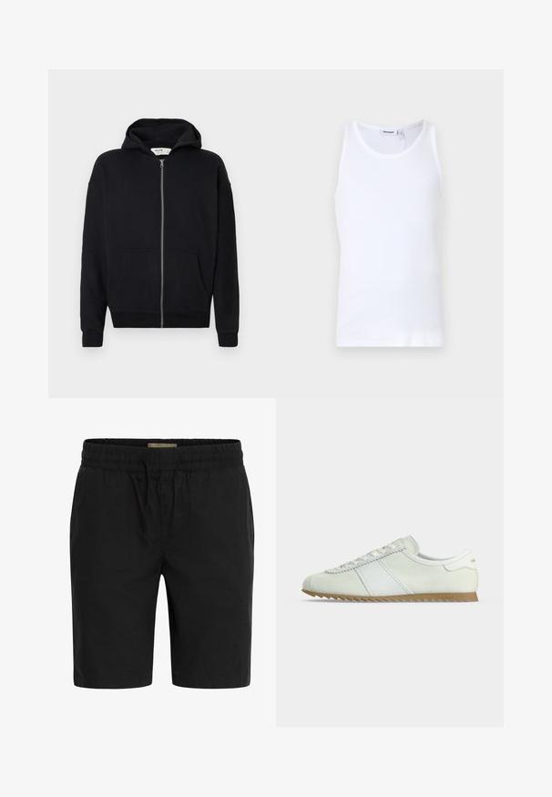 Sudadera negra con cremallera y capucha con cordón, mangas largas, bolsillos frontales y puños de ribete. Hecha de una tela suave y texturizada.; Top sin mangas de algodón blanco con cuello redondo y tirantes anchos. Textura suave, sin patrones, diseño limpio y etiqueta de marca en el escote.; Pantalones cortos negros hechos de una tela ligera, que cuentan con una cinturilla elástica con cordón y bolsillos laterales para mayor comodidad.; Zapatilla baja de ante y cuero blancos con cordones blancos y una suela de goma beige con diseño en zigzag, vista de lado.