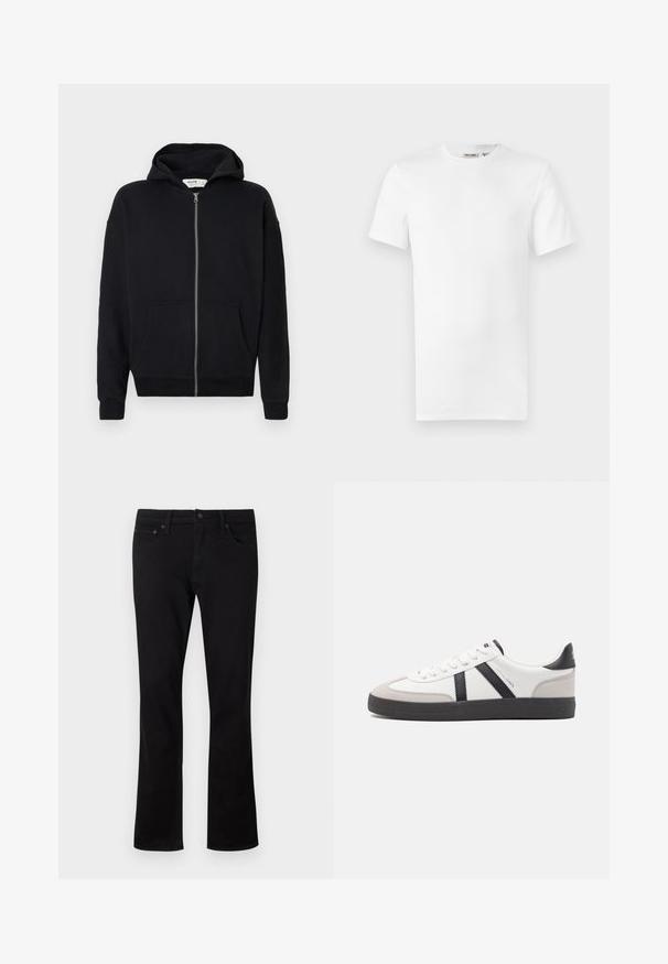 Sudadera negra con cremallera y capucha con cordón, mangas largas, bolsillos frontales y puños de ribete. Hecha de una tela suave y texturizada.; Camiseta blanca lisa de manga corta con cuello redondo y una pequeña etiqueta de la marca en el interior del cuello, mostrada sobre un fondo blanco.; Jeans de mezclilla negra con un diseño de pierna recta, estilo de cinco bolsillos y detalles de costura sutiles. El material es suave con un acabado mate.; Zapatilla blanca con acentos en negro y gris, que presenta una puntera texturizada en gris, suela de goma negra y cordones planos blancos. Diseño limpio, estilo minimalista.
