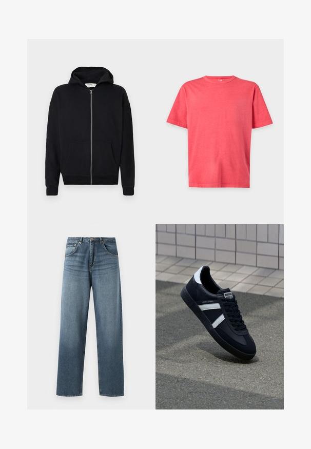 Schwarze Zip-Hoodie mit Kapuze zum Ziehen, langen Ärmeln, vorderen Taschen und gerippten Bündchen. Hergestellt aus weichem, strukturiertem Stoff.; Schlichtes helles korallenrosa T-Shirt mit kurzen Ärmeln und Rundhalsausschnitt in regulärer Passform auf weißem Hintergrund.; Gerade geschnittene blaue Jeans aus Denim mit gewaschenem Finish, ausgestattet mit einem Fünf-Taschen-Design, Metallknopf und Gürtelschlaufen. Robustes, mittelschweres Material.; Schwarze Leder-Sneaker mit weißen Streifen, strukturiertem Gummisohle und Schnürung. Verfügt über ein Markenetikett auf der Zunge.