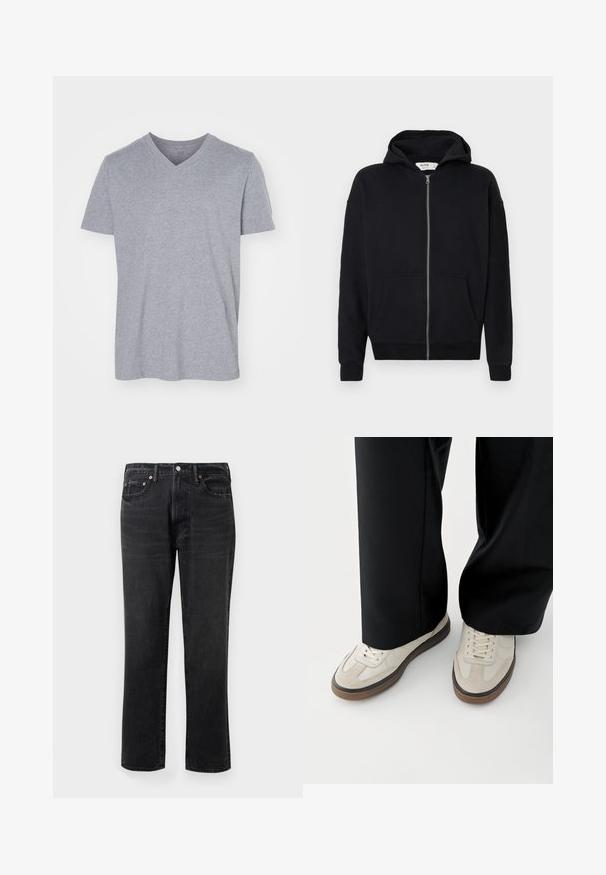 Schwarze Zip-Hoodie mit Kapuze zum Ziehen, langen Ärmeln, vorderen Taschen und gerippten Bündchen. Hergestellt aus weichem, strukturiertem Stoff.; Graues Baumwoll-T-shirt mit V-Ausschnitt, kurzen Ärmeln und lockerem Schnitt. Weicher, leichter Stoff ohne sichtbare Muster oder Verzierungen.; Schwarze Denim-Jeans mit geradem Schnitt, ausgestattet mit einem Knopf- und Reißverschluss, fünf Taschen und Kupferbeschlägen.; Füße mit beigen Sneakers mit braunen Sohlen und schwarzen Hosen mit weitem Bein auf weißem Hintergrund.