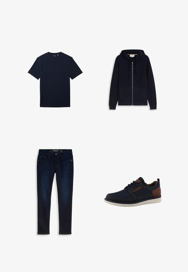 Sweat à capuche zippé bleu marine foncé avec poches frontales et cordons sur la capuche, posé à plat sur un fond blanc.; T-shirt en coton bleu marine à manches courtes, avec un col rond classique et une texture lisse. Design simple, sans motifs ni accents visibles.; Jean slim en denim bleu foncé avec fermeture à boutons et poches avant, étiquette Tom Tailor taille 31/32.; Baskets décontractées pour hommes en bleu marine et marron avec dessus en mesh, fermeture à lacets, col rembourré et semelle extérieure en caoutchouc blanc.