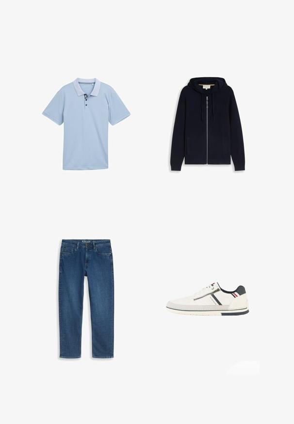 Mørk navy blå lynlåshætte med frontlommer og snore på hætten, lagt fladt på en hvid baggrund.; Lyseblå polo-shirt med en tofarvet krave, tre-knaps placket og korte ærmer. Fremstillet af glat, åndbart stof.; Blå straight-leg denimjeans med forlommer og knaplukning, lagt fladt på en hvid baggrund.; Hvid lav sko med lynlås i siden, marineblå og røde accenter, sort hælpatch og "Tom Tailor"-branding langs siden.