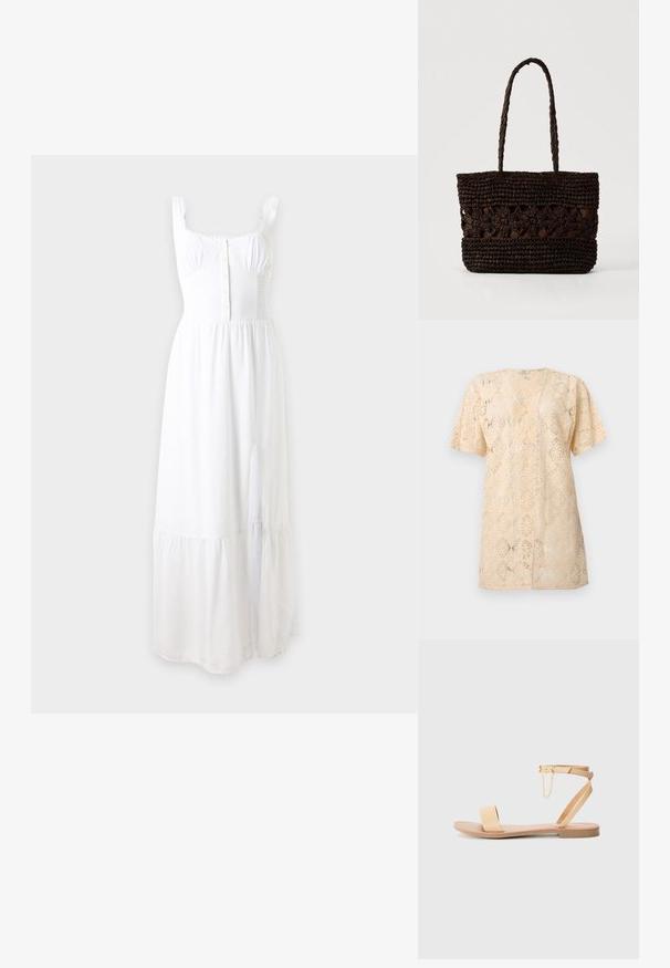 Beige cardigan med korte ærmer, åben foran, i blonder med et indviklet blomster mønster og en let løs pasform.; Hvid ærmeløs maxikjole med firkantet udskæring, knapper foran, rynket bryst, sidespril og lagdelt nederdel.; Beige flad sandal med en enkelt bred rem, ankelrem med spænde og dekorativ kæde detalje. Glat læderlignende tekstur og flad sål.; Mørkebrun flettet taske med blomsterprint og to lange fletdet håndtag på en ensfarvet lys baggrund.