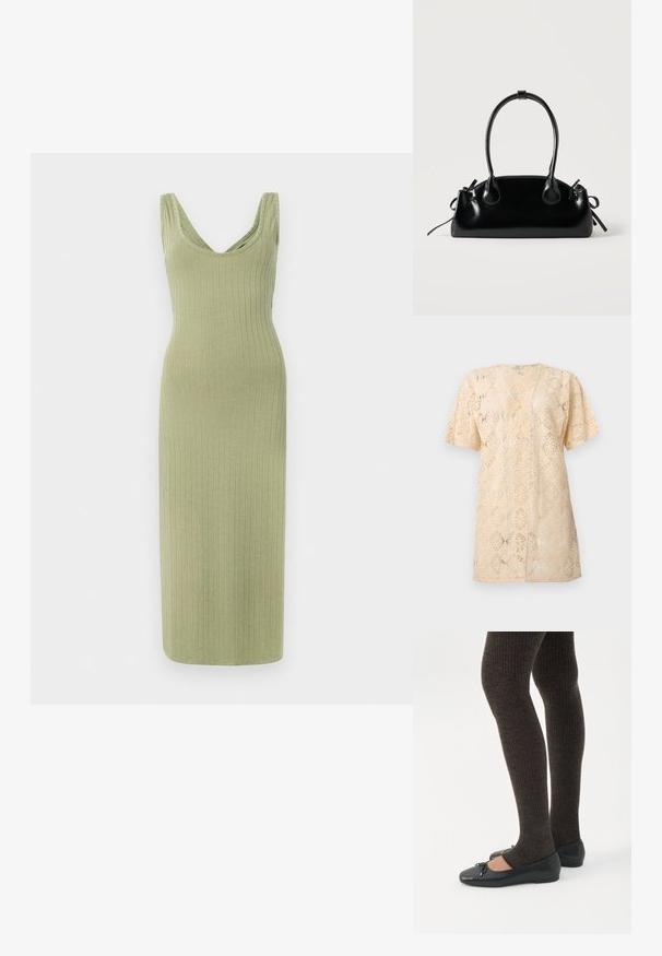 Cardigan en dentelle beige à manches courtes avec ouverture devant, motif floral complexe et coupe légèrement ample.; Robe longue rayée, verte olive, avec un décolleté en V et de larges bretelles, présentant une silhouette ajustée et une texture douce.; Jambes portant des leggings côtelés foncés associés à des ballerines noires avec de petits détails en nœud sur fond blanc.; Petit sac à main noir brillant avec deux longues anses et des détails à cordon sur les côtés sur un fond clair uni.