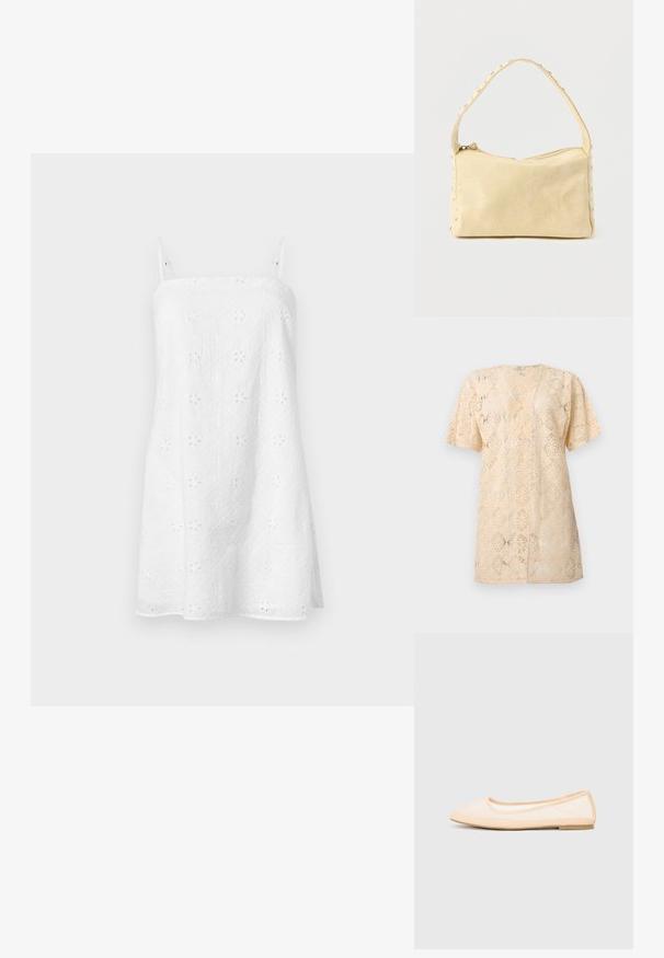 Beige cardigan med korte ærmer, åben foran, i blonder med et indviklet blomster mønster og en let løs pasform.; Hvid ærmeløs minikjole med tynde justerbare stropper og broderet blomstermotiv i hulmønster.; Beige ballet-flade med spids tå, flad sål og gennemsigtig mesh-overdel. Accentueret med enkle stikninger langs kanterne.; Lille beige læderhåndtaske med en enkelt rem og sølvnitter langs kanterne og remmen, sat mod en ensfarvet baggrund.