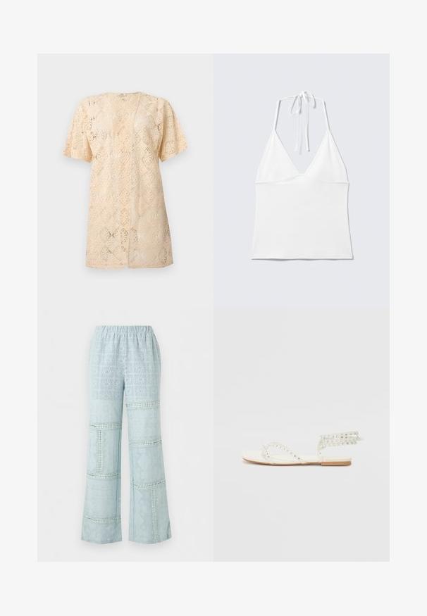 Cardigan en dentelle beige à manches courtes avec ouverture devant, motif floral complexe et coupe légèrement ample.; Haut blanc sans manches à col halter avec des bonnets triangulaires et de fines bretelles nouées autour du cou sur un fond clair uni.; Pantalon large bleu clair avec taille élastique et motif complexe en patchwork de dentelle sur toute la surface.; Sandales plates en tissu blanc avec des embellissements cloutés, des brides entrecroisées et une conception à enroulement autour de la cheville, dotées d'une semelle minimaliste.