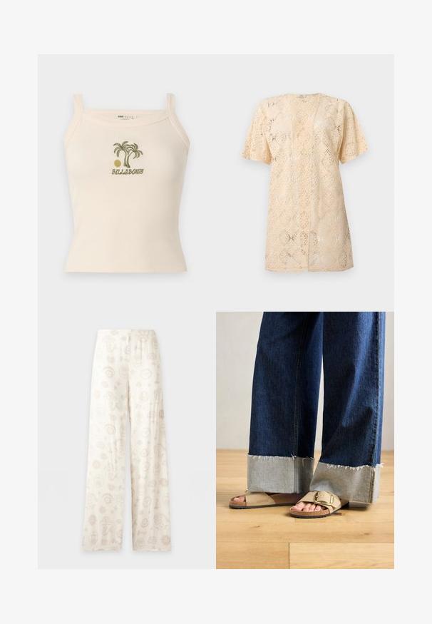Cardigan en dentelle beige à manches courtes avec ouverture devant, motif floral complexe et coupe légèrement ample.; Débardeur crème côtelé avec bretelles fines, orné d'une broderie de palmier vert et de soleil au-dessus du mot « Billabong » sur la poitrine.; Pantalon à jambes larges de couleur crème avec un imprimé discret sur le thème de la mer comportant des sirènes, des coquillages, des étoiles de mer et des visages de soleil.; Des pieds portant des sandales Birkenstock beiges avec des boucles dorées, associées à un jean en denim bleu foncé retroussé aux chevilles, posés sur un sol en bois.