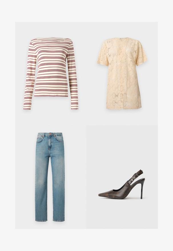 Beige cardigan med korte ærmer, åben foran, i blonder med et indviklet blomster mønster og en let løs pasform.; Langærmet top i creme med maroon vandrette striber; bådudskæring; blødt stof; tætsiddende design med let stræk.; Lyseblå denimjeans med lige ben, forlommer, bæltestropper og kobberfarvet knaplukning.; Brune læder slingback højhælede sko med spids tå, justerbar spænde og sort stiletto hæl på ensfarvet baggrund.