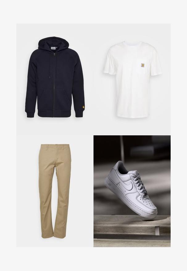 Carhartt WIP HOODED CHASE JACKET - Sweatjakke - dark navy/gold; Hvid bomulds T-shirt med korte ærmer, en brystlomme, og et lille firkantet logo patch i orange og hvid på lommen.; Beige chinos med lige ben, der har knaplukning, bæltesløjfer og en glat bomuldsstoftekstur.; Hvid læder Nike Air Force 1 sneaker med perforeret tå, flade snørebånd og tekstureret gummisål med "AIR" branding på siden.