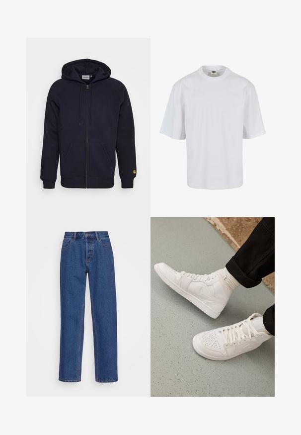 Carhartt WIP HOODED CHASE JACKET - Lukuga pusa - dark navy/gold; Valge lühikeste varrukatega T-särk, mis on valmistatud puuvillast. Omab ümarat kaelanihke ja lahedat sobivust, millel on sile tekstuur ning ei mingeid nähtavaid mustreid ega graafikat.; Sinine denim materjalist teksad, millel on klassikaline sirge jala disain, kõrgem talje, pahkluu aasad ja peened õmblused.; Valged kõrged spordijalatsid sujuvast nahast, millel on perforatsioonidega varvas, paeltega sulgemine ja diskreetne logodetail küljel. Tekstuuriga kummitald.