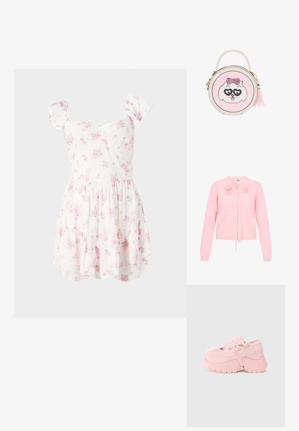 Roze gebreide trui met lange mouwen, een ronde kraag en een strik aan de voorkant. Heeft ribgebreide manchetten en zoom, met een gladde textuur.; Hollister Co. FLUTTER SLEEVE PINCH BUST MINI SKORT DRESS - Jurk - white; Chunky platform roze schoen met dubbele hartvormige gespen, kantafwerking en stevige sculpted zool tegen een plain witte achtergrond.; Ronde roze handtas met een wit en roze hondengezicht met glinsterstrik en hartvormige bril, een bovenhandvat en een zijkant tassel ritsluiting.