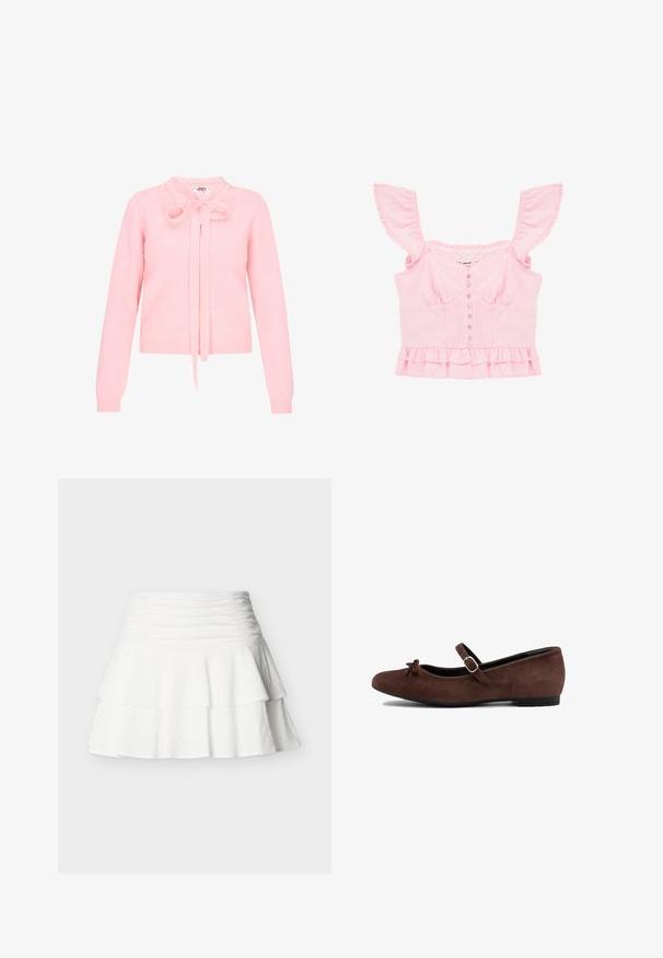 Pink striktrøje med lange ærmer, rund hals og en frontsløjfe. Har ribbet manchetter og kant, glat tekstur.; Lyserød ærmeløs cropped bluse med flæse-stropper, knapper foran, pintuck-detaljer og en dobbeltslaget flæsekant.; Hvid lagdelt miniskørt med rynket høj taljebånd, lavet af tekstureret stof, vist mod en ensfarvet baggrund.; Brune suedette ballet flats med rund tå, lille sløjfedetail på fronten og en justerbar rem med en sølvspænde. Lav hæl.