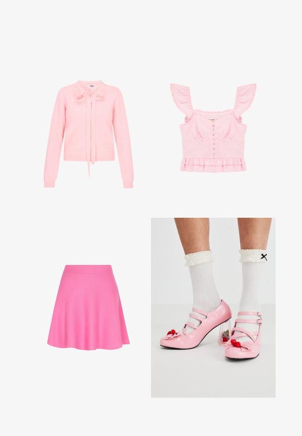 Roze gebreide trui met lange mouwen, een ronde kraag en een strik aan de voorkant. Heeft ribgebreide manchetten en zoom, met een gladde textuur.; Roze mouwloos cropped blouse met gerimpelde bandjes, knopen aan de voorkant, plooidetails en een dubbele laag volantzoom.; Roze gebreide rok met een aansluitende tailleband en een uitlopende vorm, gemaakt van zachte stof die een soepele textuur toevoegt.; Roze gepatineerde leren hakken met een ronde neus, drie bandjes en kersenversieringen. Heldere blokhak met florale accenten. Witte geribbelde sokken.