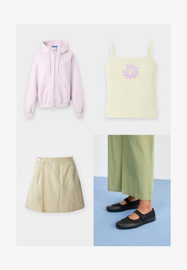 Sweat à capuche zippé rose clair avec capuche, poches avant et poignets et ourlet côtelés, présenté sur fond blanc.; Débardeur côtelé de couleur crème avec fines bretelles et un graphisme de soleil violet portant l'inscription "Santa Cruz" au centre avant.; Jupe mini kaki en tissu doux, avec une fermeture à bouton sur le côté, une texture lisse et une silhouette légèrement évasée avec une ourlet au-dessus du genou.; Baskets noires en toile avec un bout arrondi, une semelle en caoutchouc et une sangle à boucle. Associées à un pantalon ample de couleur vert clair.