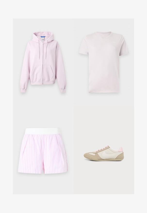 Light pink zip-up hoodie with hood, front pockets, and ribbed cuffs and hem, displayed on a white background.; Light pink short-sleeve Nike t-shirt with crew neck and small white Nike logo on the left chest.; White and pink striped shorts with a wide white elastic waistband and side pockets against a plain background.; Beige and white sneaker with pink laces and heel detail, featuring a white Nike swoosh logo on the side, shown from the inside.